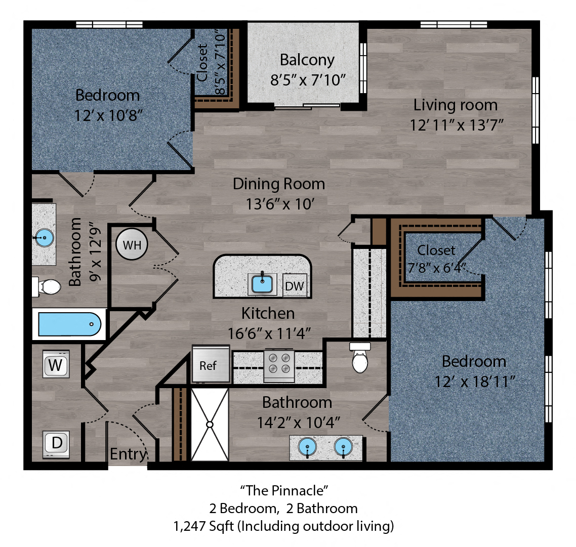 Floor plan for 2 beds, 2 baths, 1182 sqft